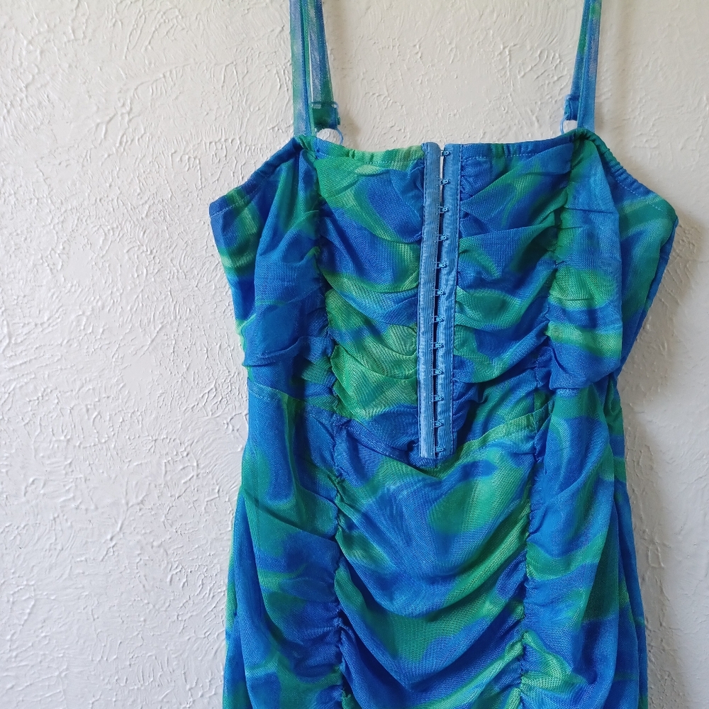 Marble Mesh Print PLT Blue and Green Ruched Mini Corset Dress